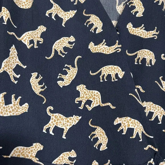 J Crew Factory Leopard Cheetah Wrap Dress Navy Blue Like New - Picture 3 of 6
